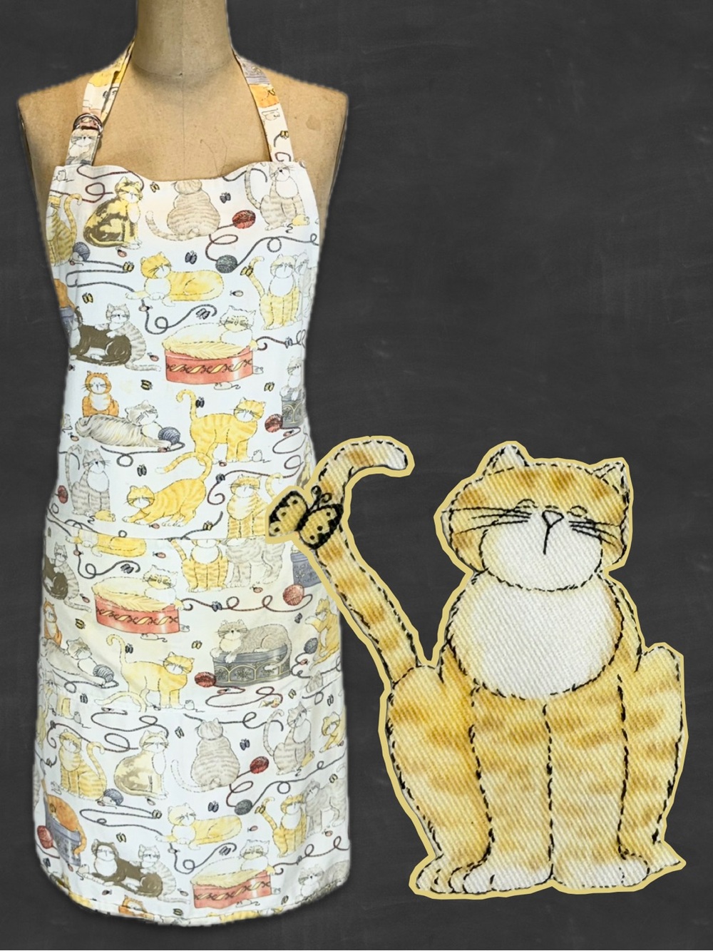 VINTAGE cats kitchen studio craft full apron 100% cotton kitty cat pet lover 90s